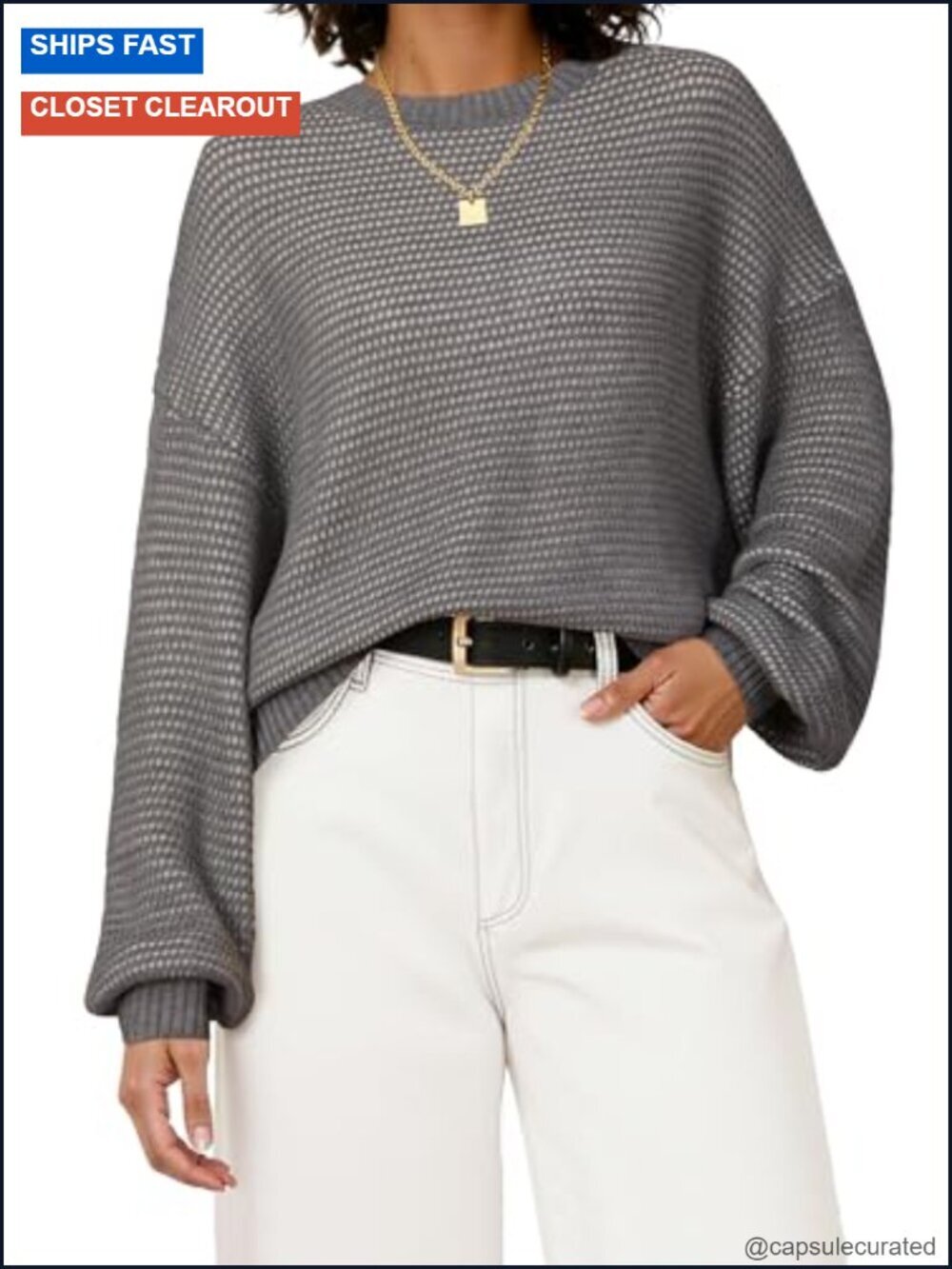Wool Blend Oversized Crewneck Waffle Knit Pullover Sweater